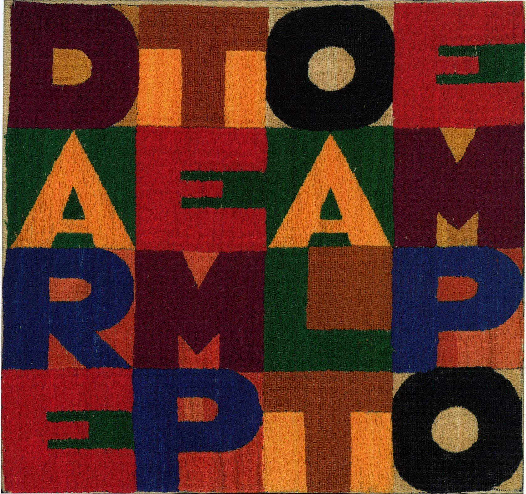 Cat. n. 1167 (a. 4438) 
Dare tempo al tempo, 1979,  ricamo su tessuto, 24 x 23 cm 