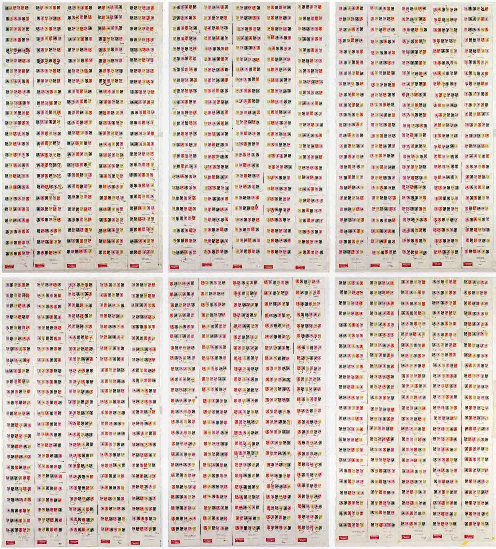 Cat. n. 453  
Lavoro postale (permutazione), 1972,  settecentoventi buste affrancate e timbrate (francobolli italiani); sei pannelli, 145,4 x 86,7 cm ciascuno. Amsterdam, Stedelijk Museum 