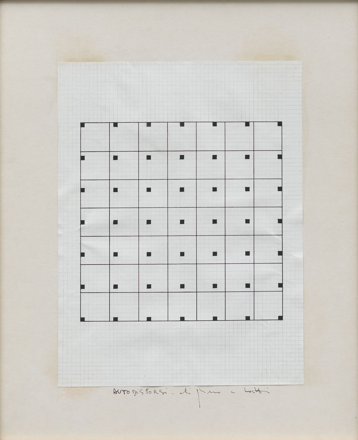 Cat. n. 745
Autodisporsi
(Insicuro Noncurante),
1975,
inchiostro su carta quadrettata e collage su carta, 55 x 45 cm