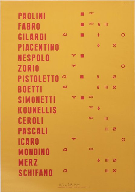 Cat. n. 151
Manifesto, 1967,
stampa offset su carta, 100 x 70 cm, es. 39/50. Edizione in 800 esemplari (stampati in cinque varianti di colore: rosa, verde, bianco, giallo, arancione) realizzata da AB presso la Tipografia Manifesti di Torino. Nel 1