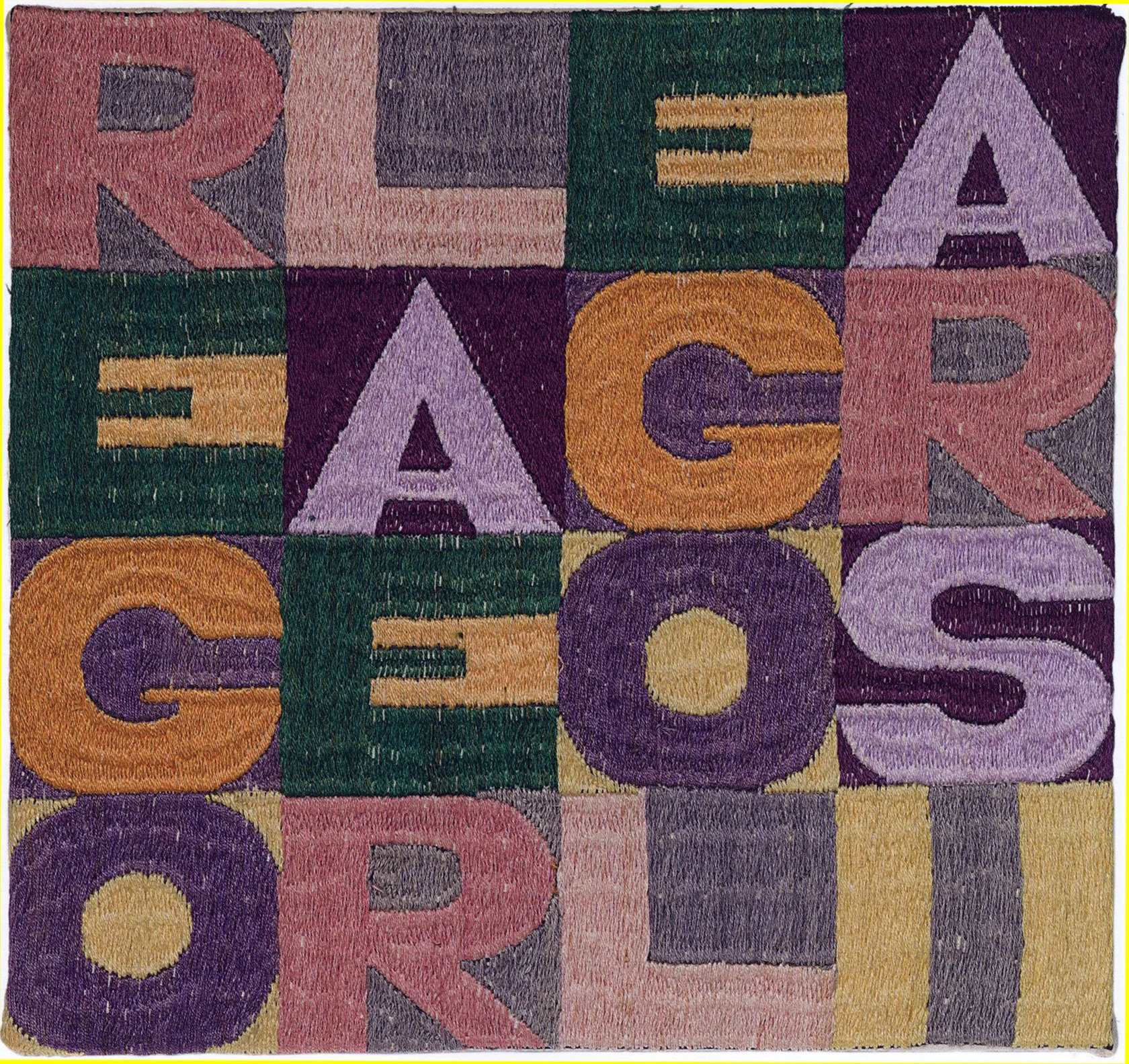 Cat. n. 1167 (a. 4438) 
Dare tempo al tempo, 1979,  ricamo su tessuto, 24 x 23 cm 
