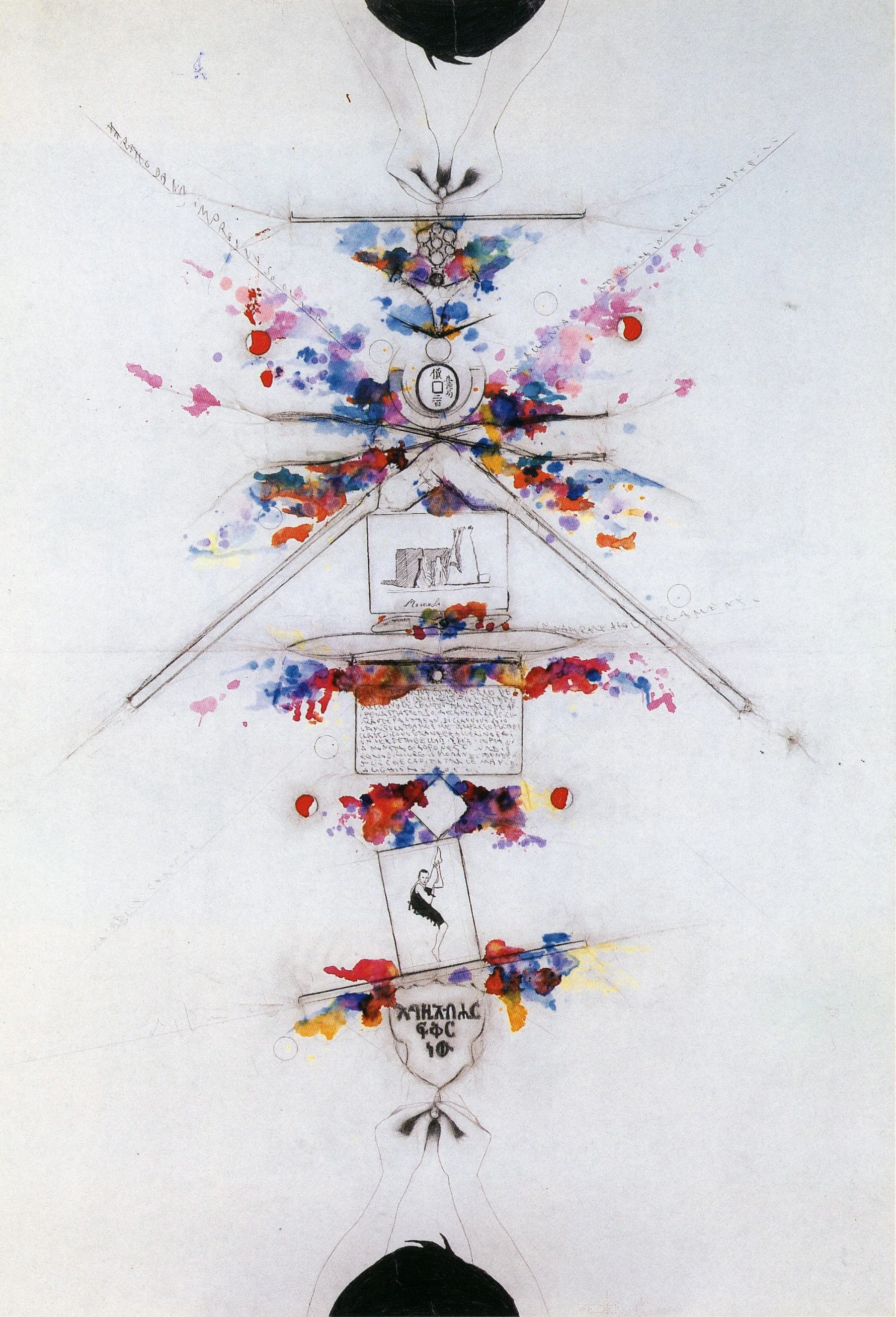    
Attratto da improvviso centro (Tra sé e sé), 1987, matita, inchsiotro e guazzo su carta intelata, 150 x 100 cm