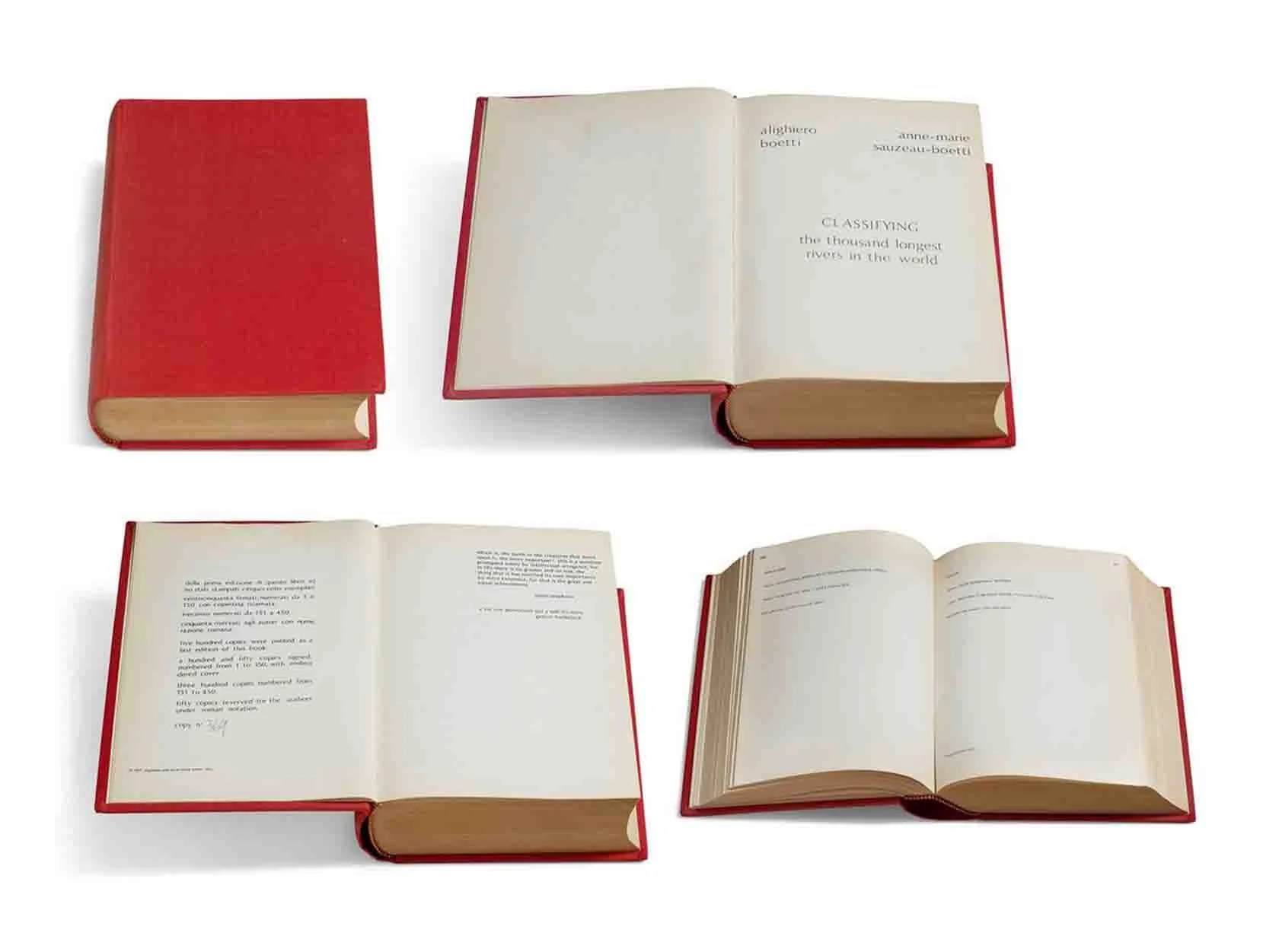 Cat. n. 909  
Classifying the thousand longest rivers in the world, 1977,  libro di 1016 pagine stampate tipograficamente con copertina cartonata e rilegata in tela rossa, 21,5 x 16 x 5,5 cm, es. I 