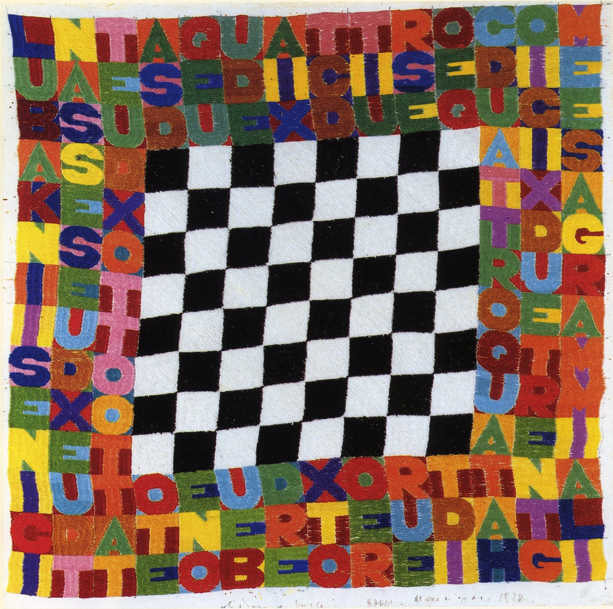   Cat. n. 1069  
Senza titolo (I cinesi in Kabul), 1978, ricamo su tessuto, 66 x 66 cm