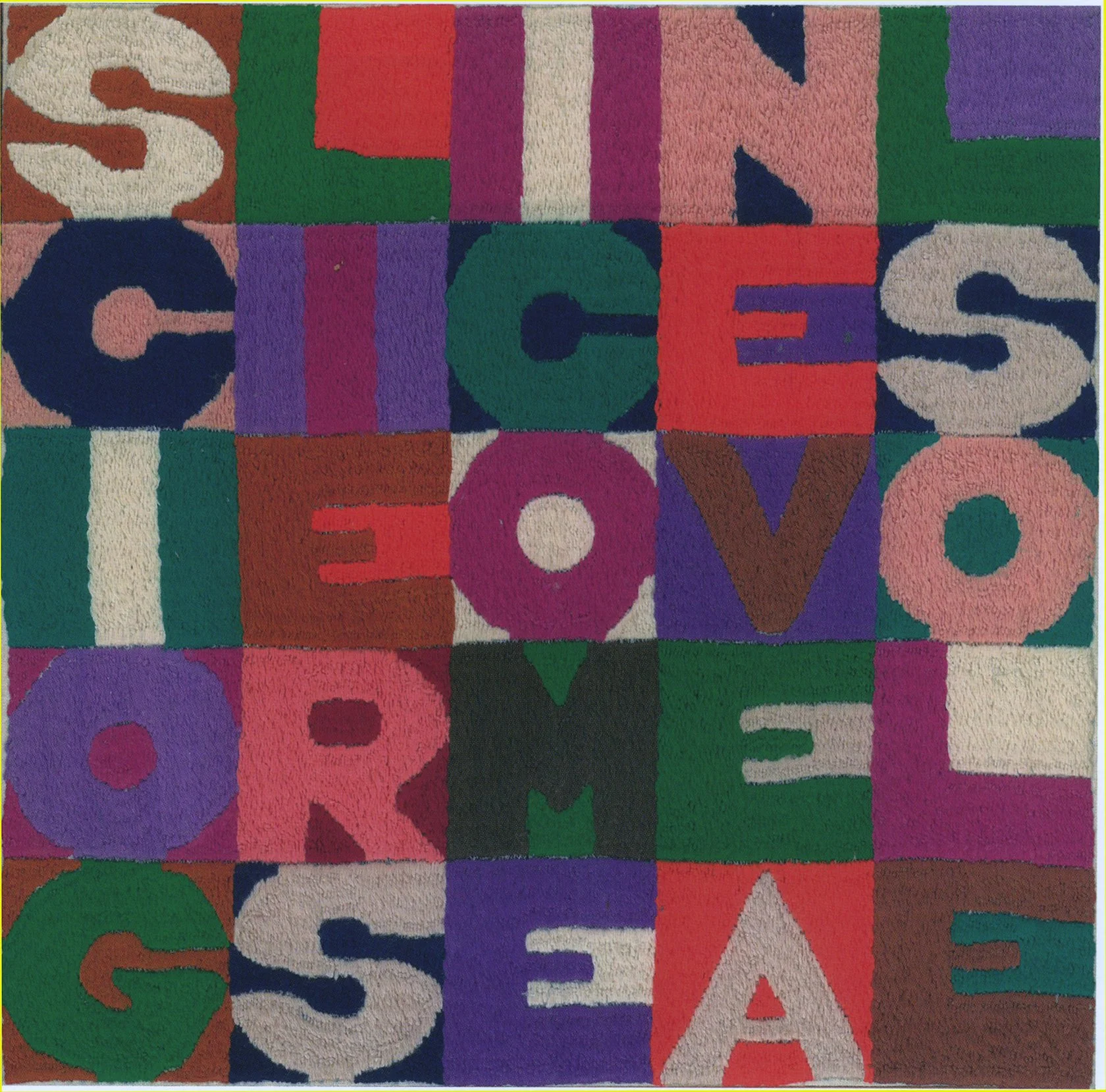 Cat. n. 2420  
Sciogliersi come neve al sole, 1987,  ricamo su tessuto, 21,5 x 21,5 cm 