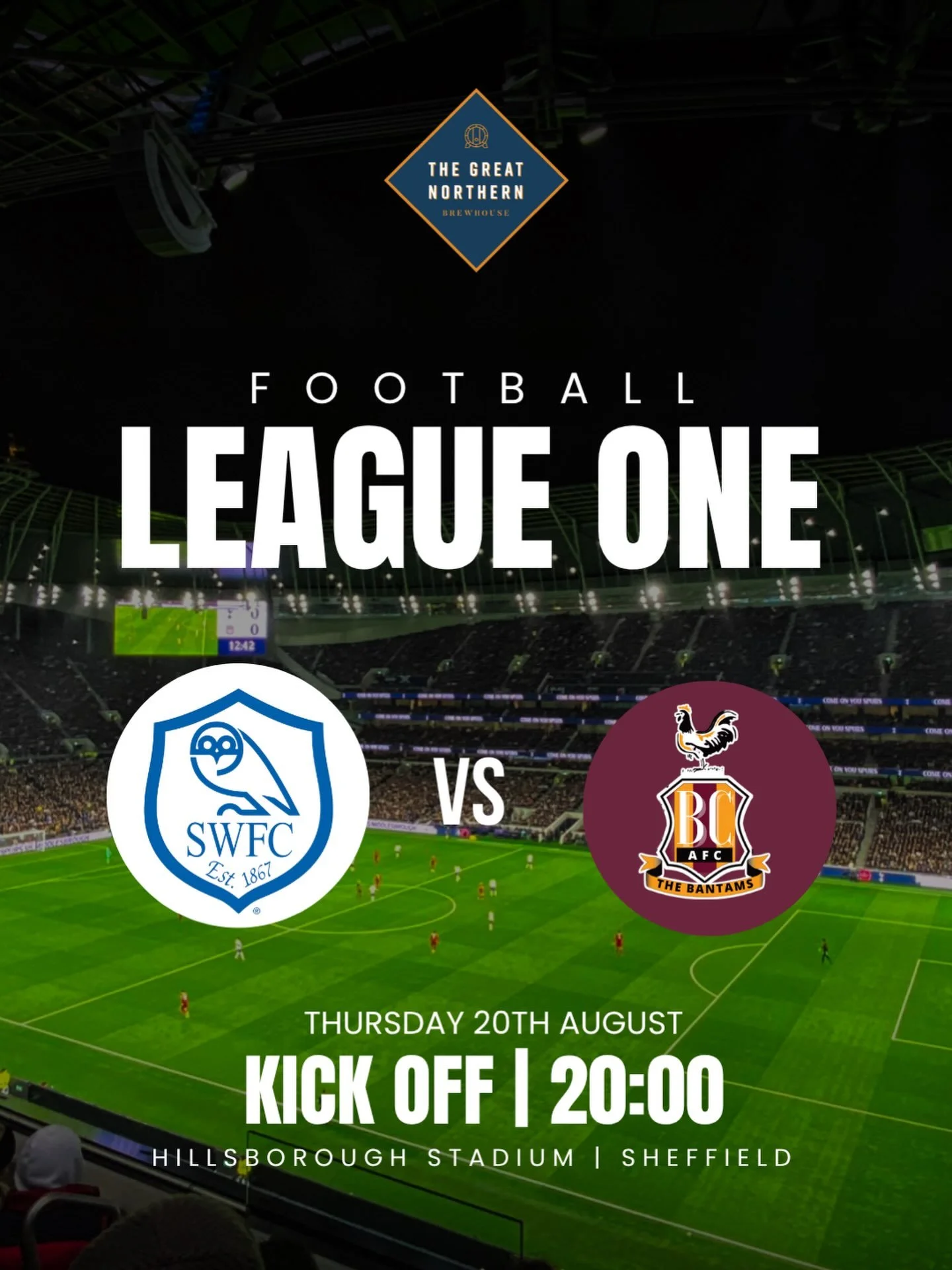 ⚽️ FOOTBALL TONIGHT

Sheffield Wednesday VS Bradford City | 8PM

Get settled in early and make a night of it 👇

🍕 Pizza + a Pint - &pound;12
🍺 Happy Hour - 3&ndash;6PM

Pre-match drinks, proper food and all the football&hellip;we&rsquo;ve got your
