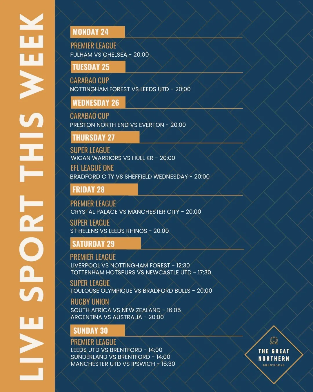 ⚽️ Your Weekly Roundup of Sporting Action &hellip;

Kick off the week at Great Northern with all the good stuff:

🍕 50% OFF pizzas all day Mondays 
🍹 Two for &pound;12 cocktails
🍺 Happy Hour | 3&ndash;6pm &mdash; selected drinks just &pound;3.70

