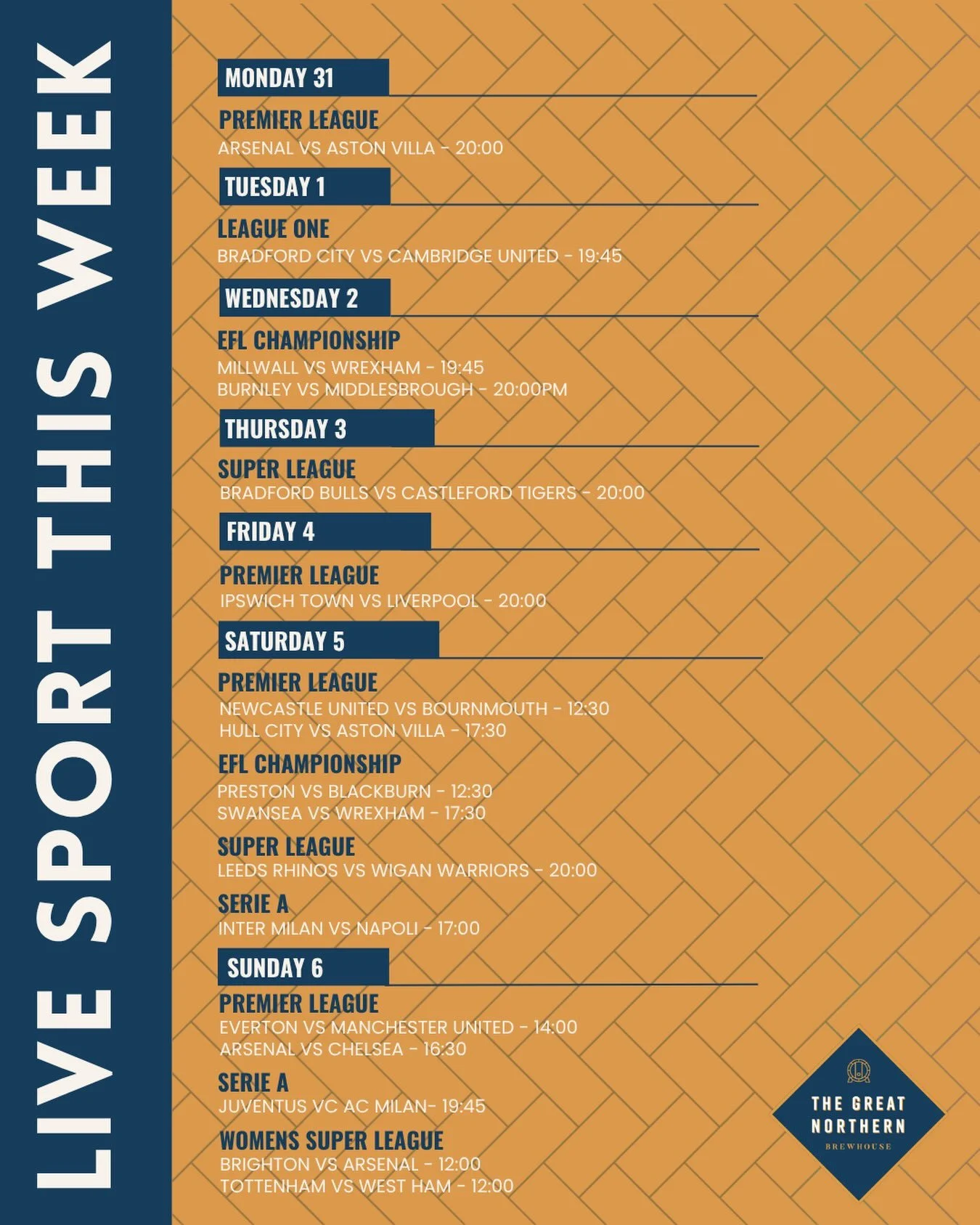 Hope there aren&rsquo;t too many sore heads this morning! 😅🍻

Your weekly round-up of sport is here! ⚽️🏉
From Premier League to Super League, there&rsquo;s plenty to get stuck into.

See a fixture you don&rsquo;t want to miss? Get your spot secure