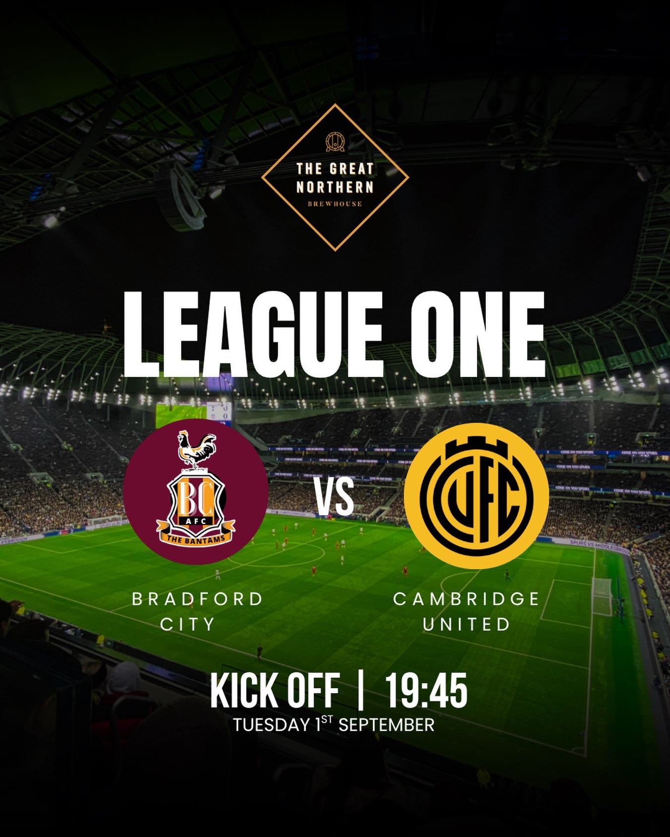 ⚽️ Bradford City take on Cambridge United tonight! 🍻

🍕Bring the mates, grab a pint and a pizza for just &pound;12 and watch the action live on our screens! 🙌
