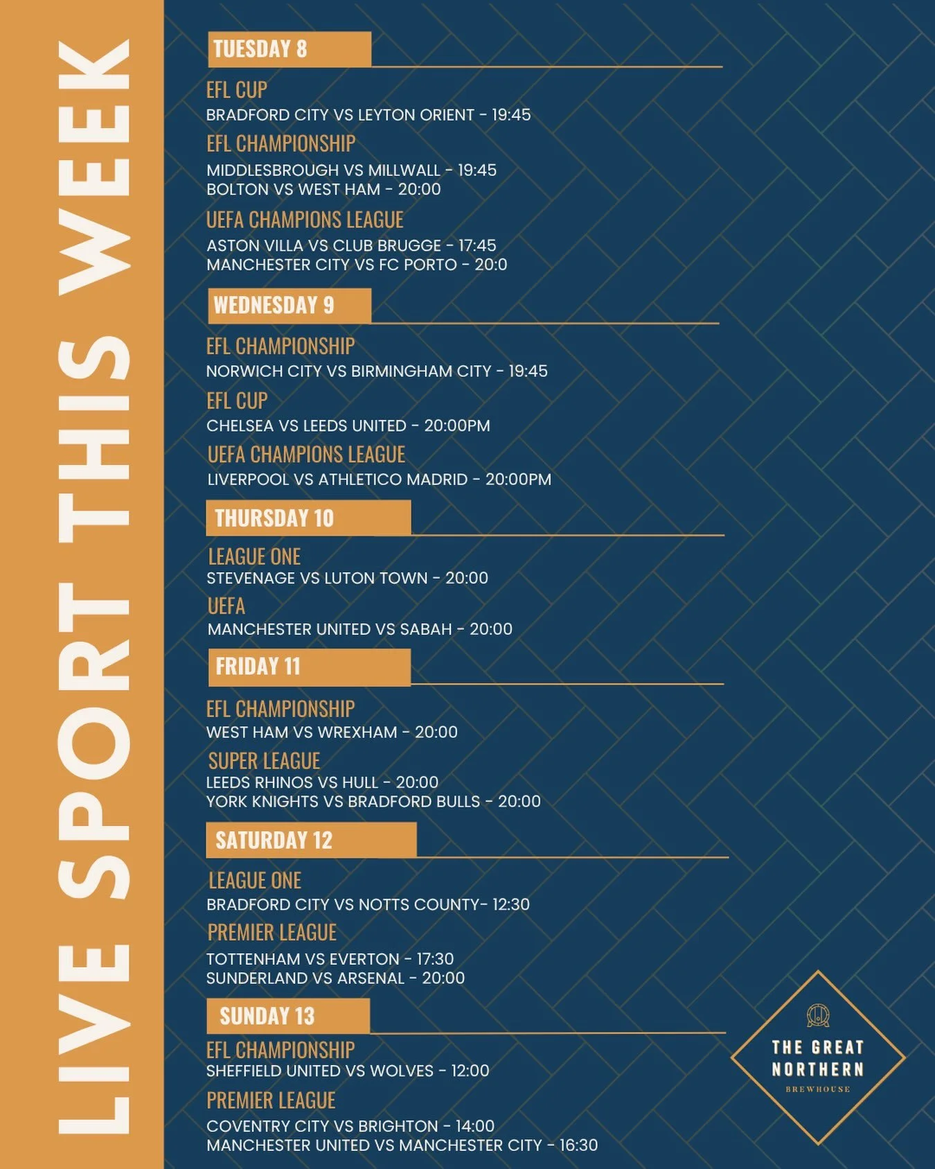 It&rsquo;s a BIG week for live sport! ⚽️🔥

Premier League, Champions League, Super League, EFL action&hellip; and of course, the Manchester derby! 👀

Catch all the sporting action live at The Great Northern, with a cold pint in hand and good compan