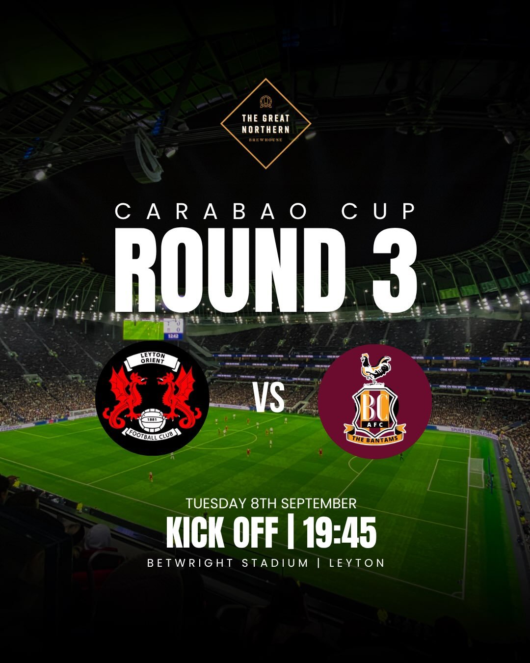 Join us tonight as Bradford City take on Leyton Orient in the third round of the Carabao Cup! 🔥

Grab your mates, settle in and enjoy the game with a &pound;12 Pizza &amp; Pint deal &hellip; because football is always better with a pint in hand 🍕🍺