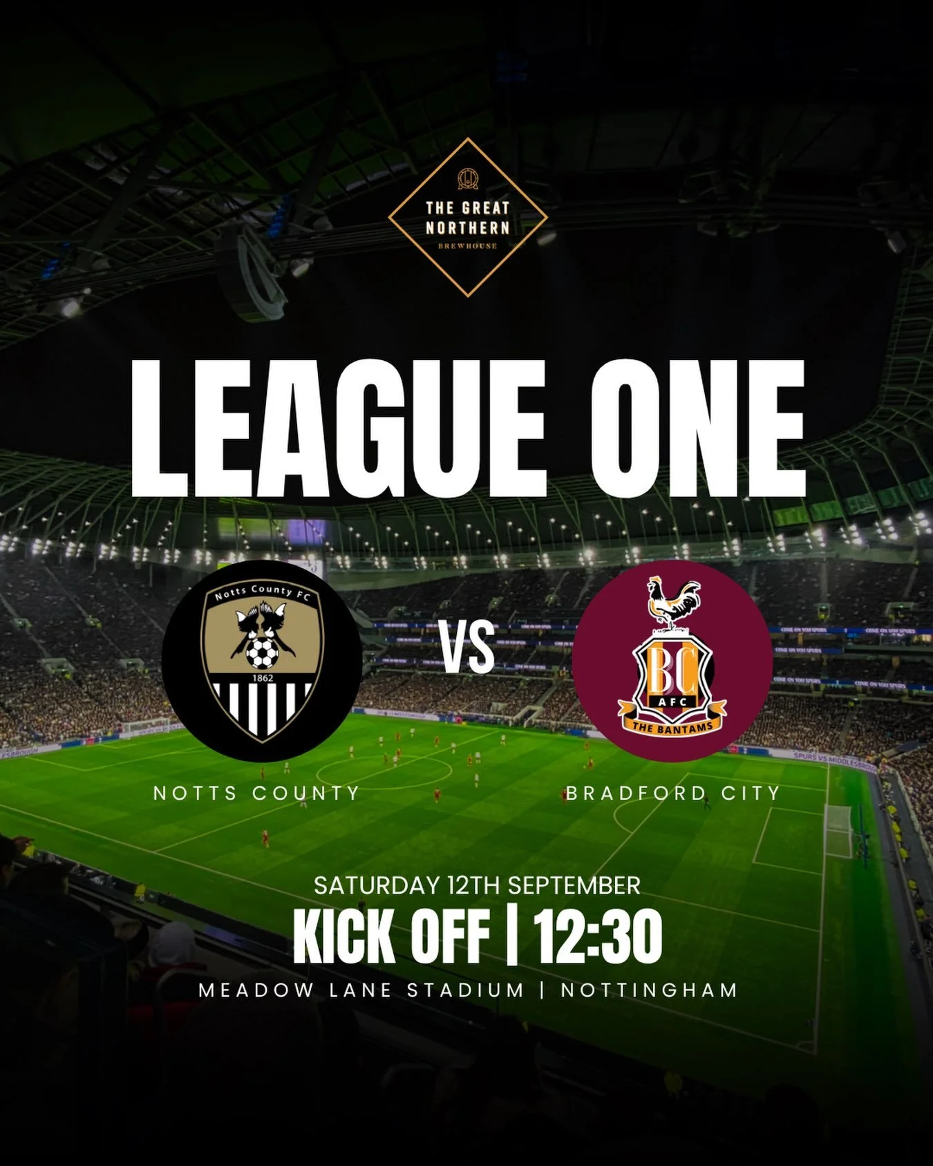 ⚽️ Start your Saturday early at Great Northern!

Bradford City take on Notts County with a 12:30pm kick-off, making it the perfect excuse to grab the mates, get a pizza and pint in and settle in for an afternoon of live sport! 🍕🍺

See you at Great 
