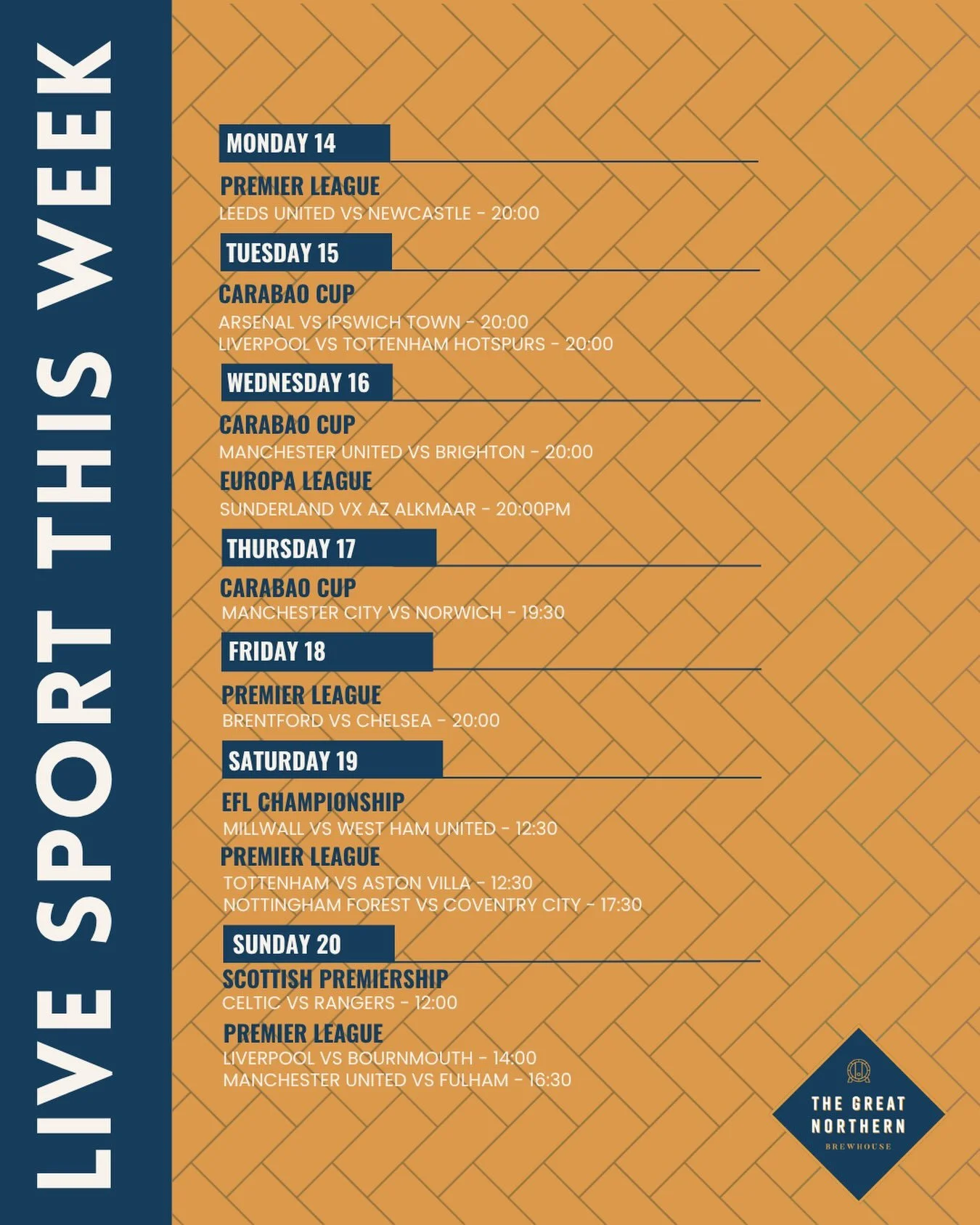 Monday kicks off another week of sporting action with Leeds United v Newcastle tonight from 8pm! ⚽️

🍕Enjoy 50% off pizzas 5-8pm and Happy Hour 3-6pm 🍻

See you at the bar! ☺️