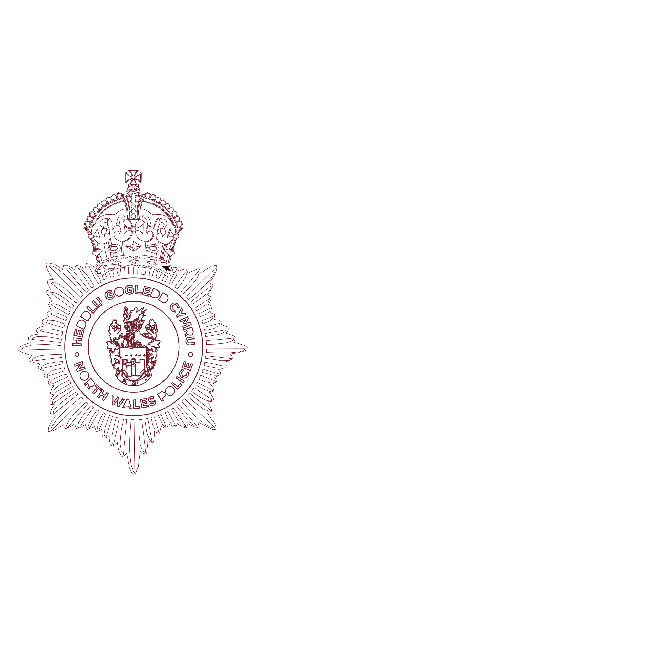 North Wales Police badge with crown on top, dark background, and text reading 'Heddlu Gogledd Cymru North Wales Police'.