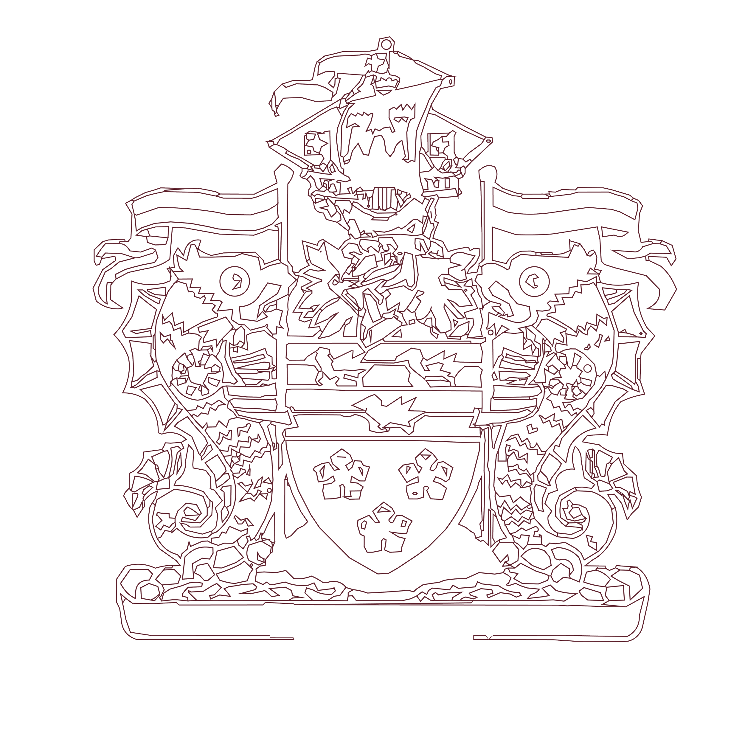 Line art illustration of the Tenby Town Council coat of arms, featuring a shield with three fleurs-de-lis, a ship at the top, surrounded by decorative elements and banners, with the text "Tenby Town Council" at the bottom.