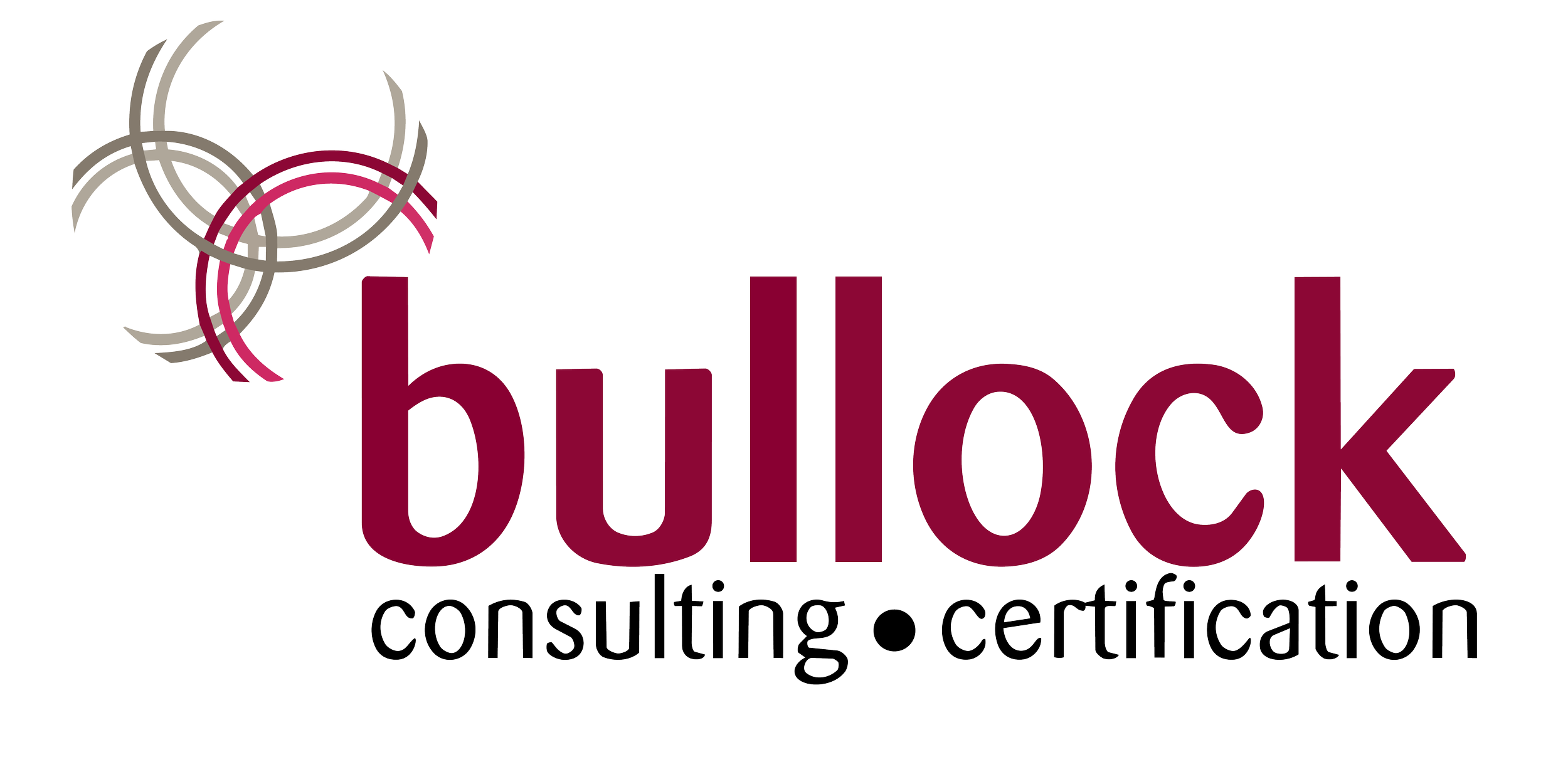 Logo for Bullock Consulting and Certification featuring a stylized spherical design with interconnected rings and the company name in bold maroon and black text.