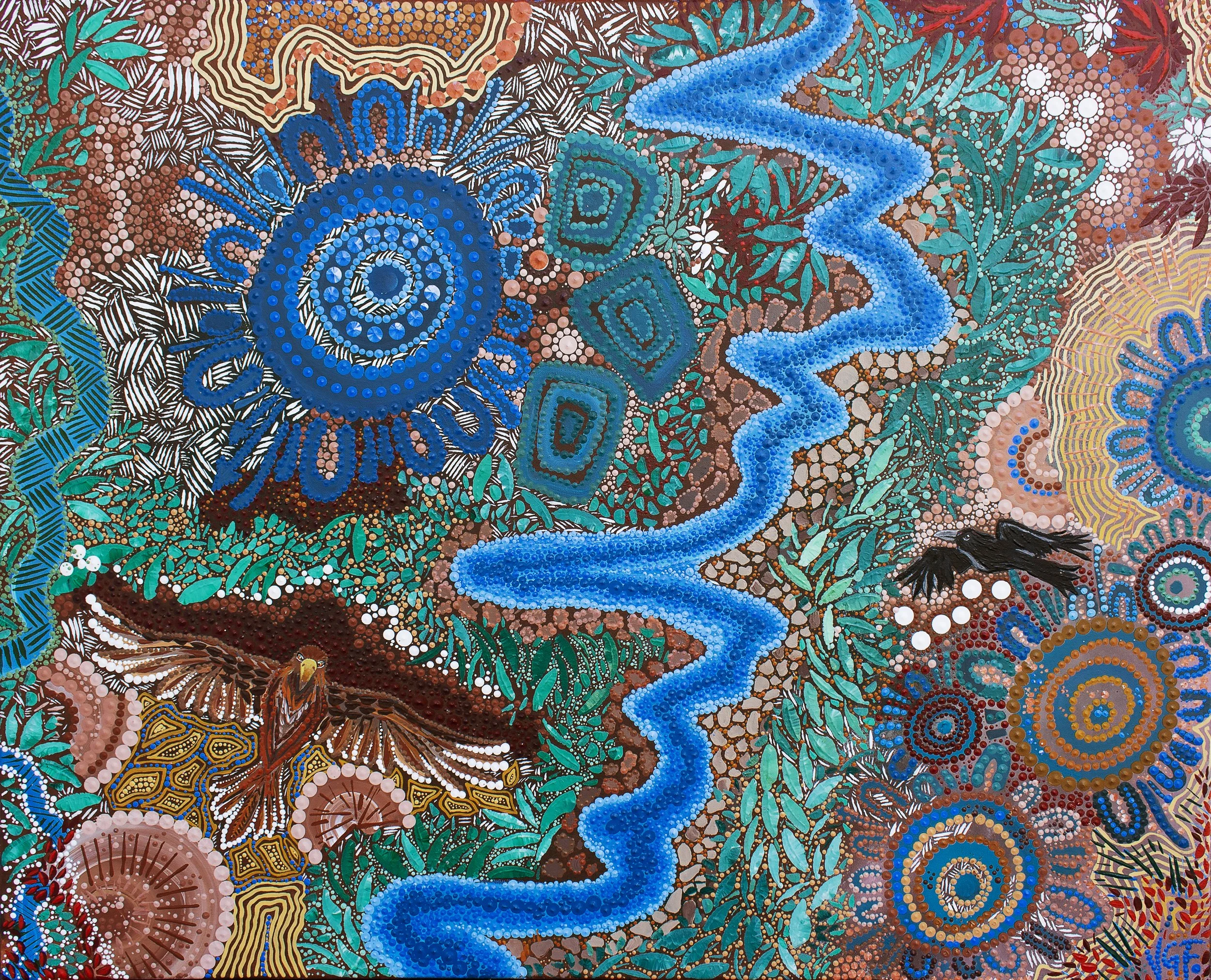 A colorful abstract painting featuring intricate dot patterns and swirling designs in shades of blue, brown, green, white, and yellow.