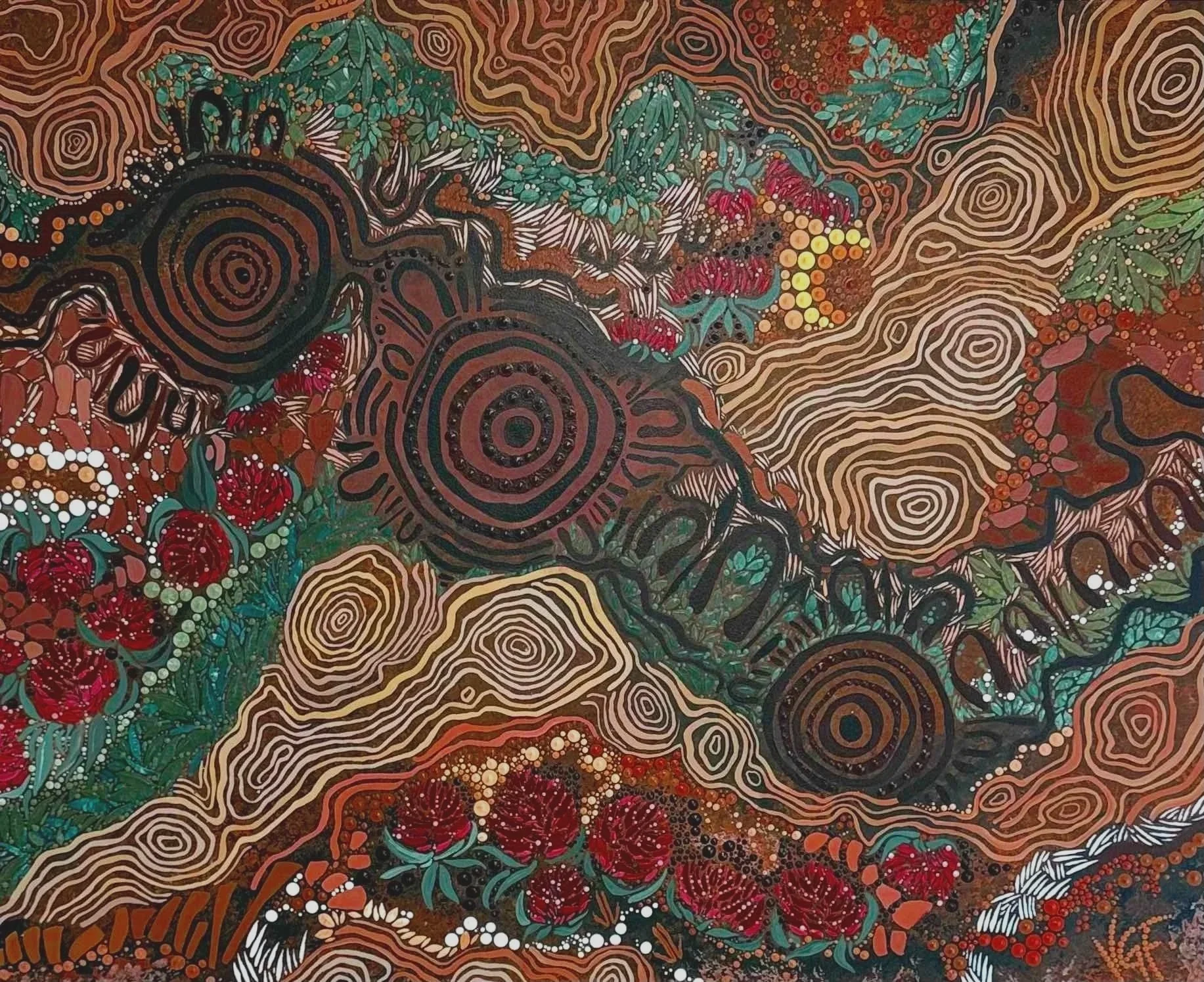 Commissioned Artwork - A colourful abstract Indigenous / Aboriginal painting with spiral patterns, flowers, and leafy designs in reds, greens, browns, and black.