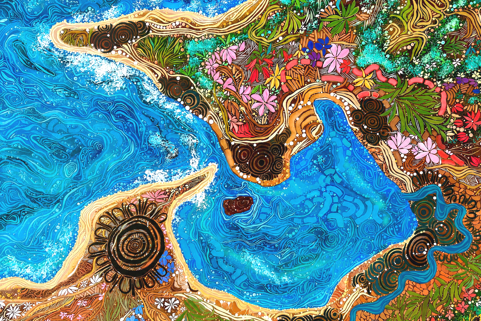 A colorful, stylized painting of a landscape with waterfalls, a river, and blooming flowers, featuring swirling patterns and vibrant colors.