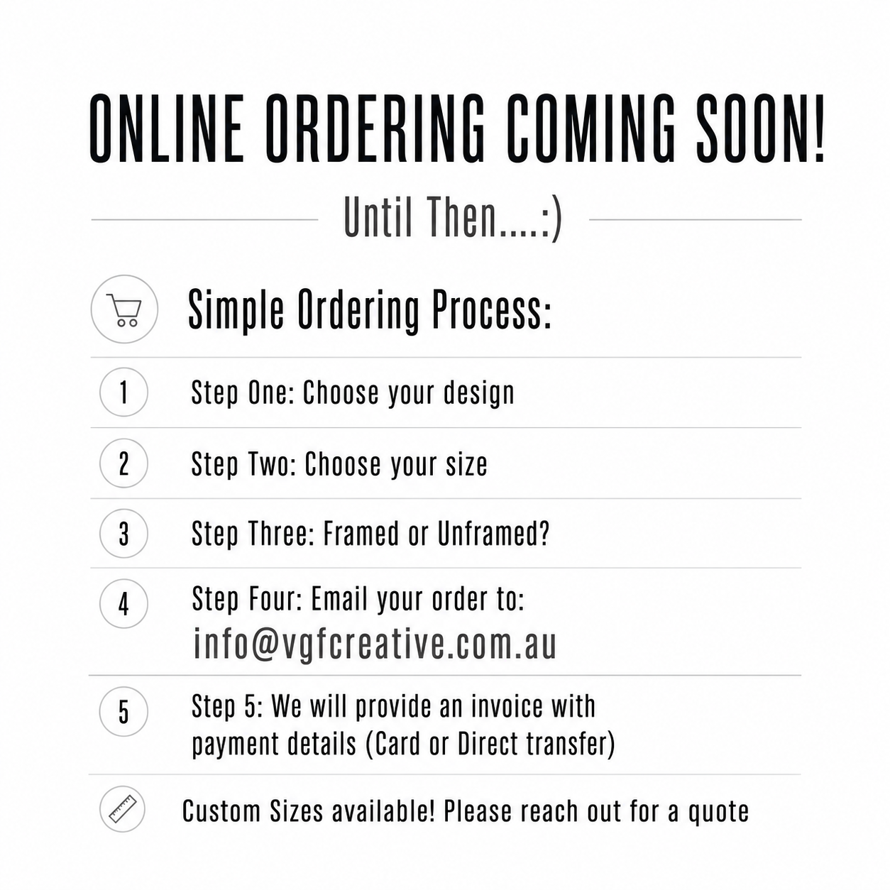 A promotional poster announcing upcoming online ordering services with a simple five-step process for customizing orders.