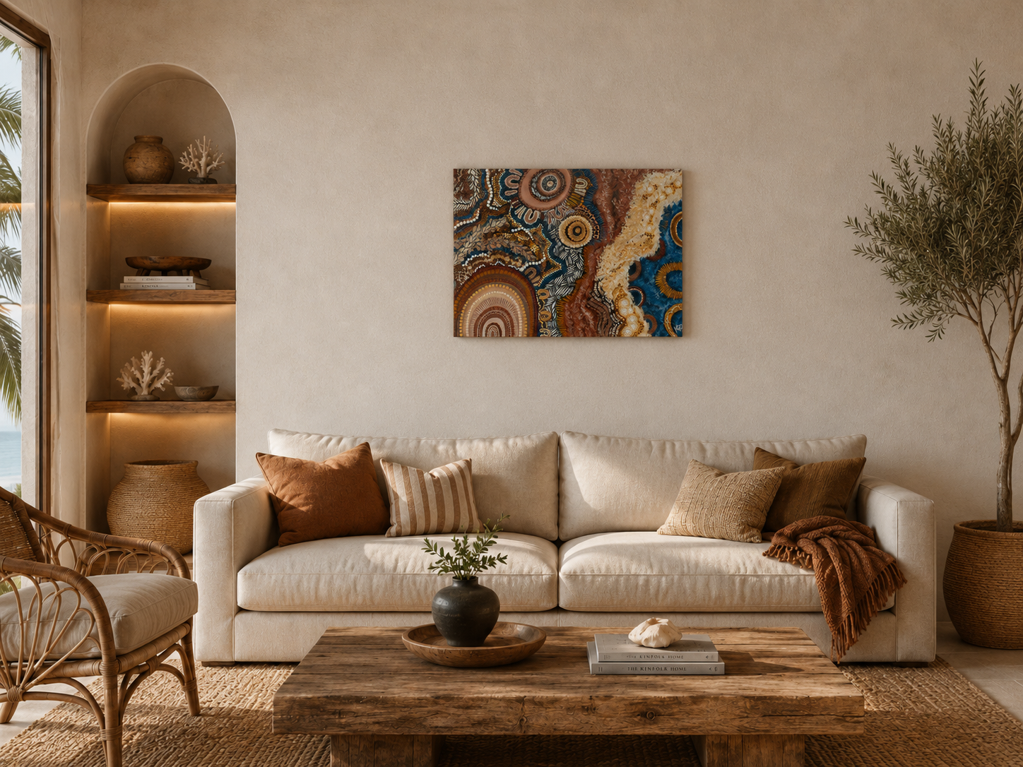 Cozy living room with beige sofa, decorative pillows, wooden coffee table, Indigenous abstract art, and greenery.