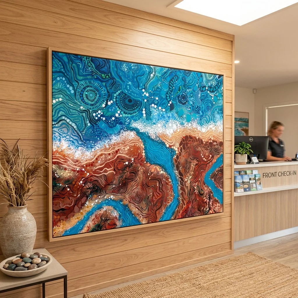 Colorful Indigenous abstract art on a large framed canvas hanging on a wooden wall in an interior space, with a front desk and a person working behind it.