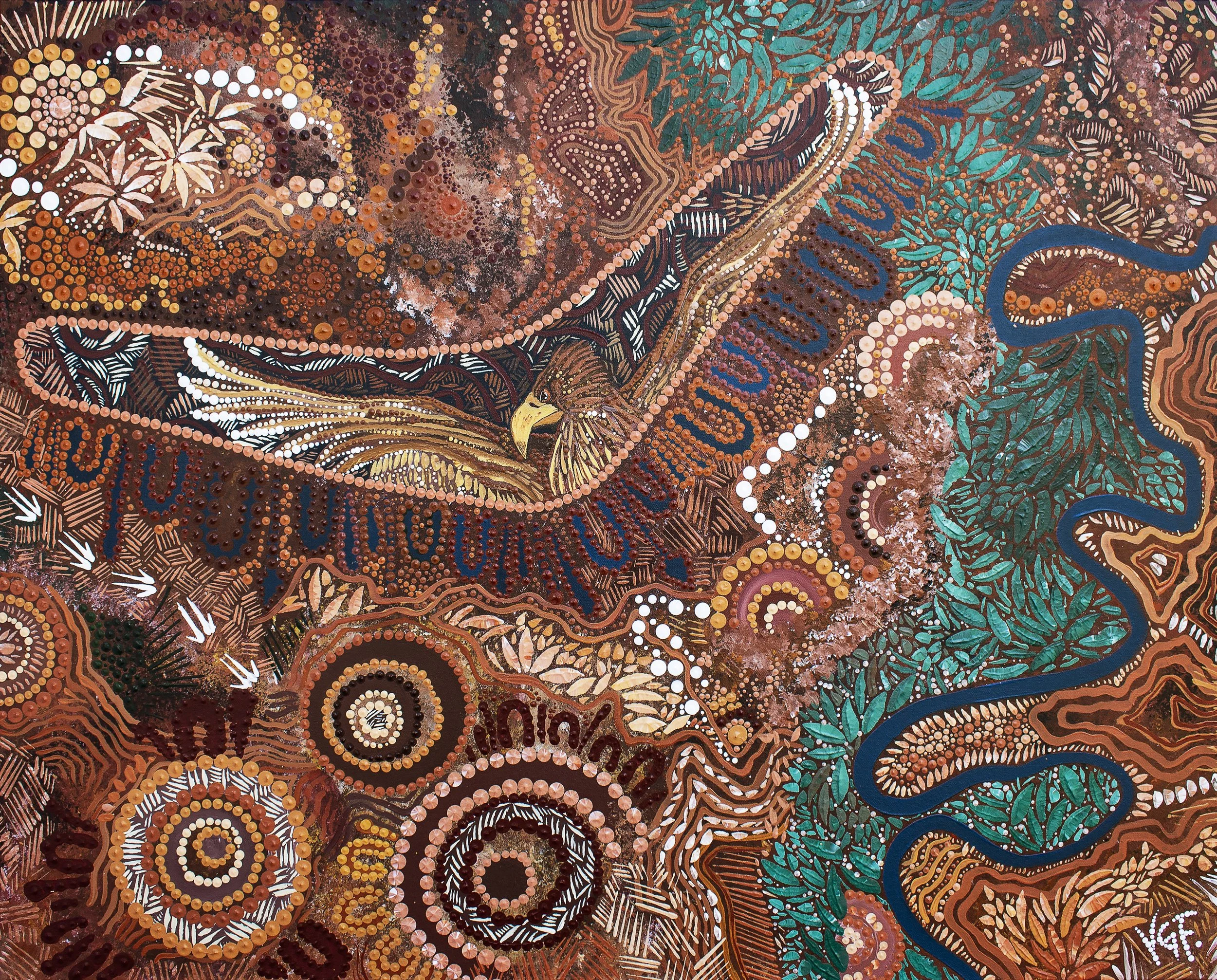 A detailed indigenous-style painting with earthy tones of brown, orange, yellow, white, black, and green. The artwork features concentric circles, dots, lines, and patterns, including an eagle at the bottom center, surrounded by flora, water, and lan