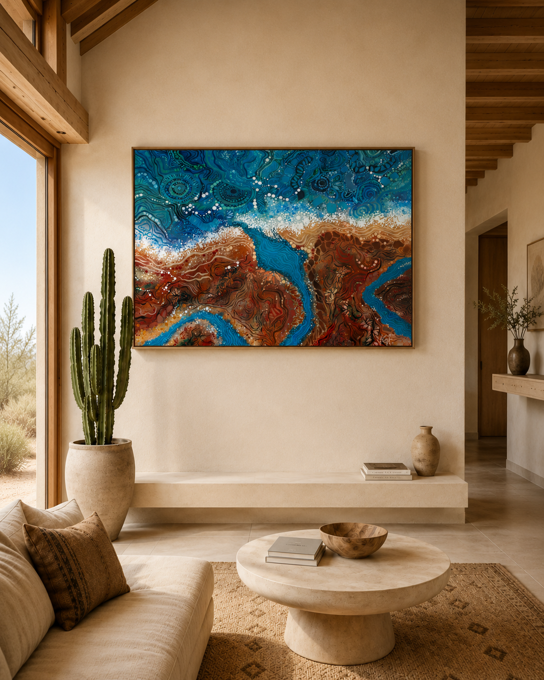 Earthy desert styl room scene with ocean, creek and country inspired Indigenous artwork by VGF Creative