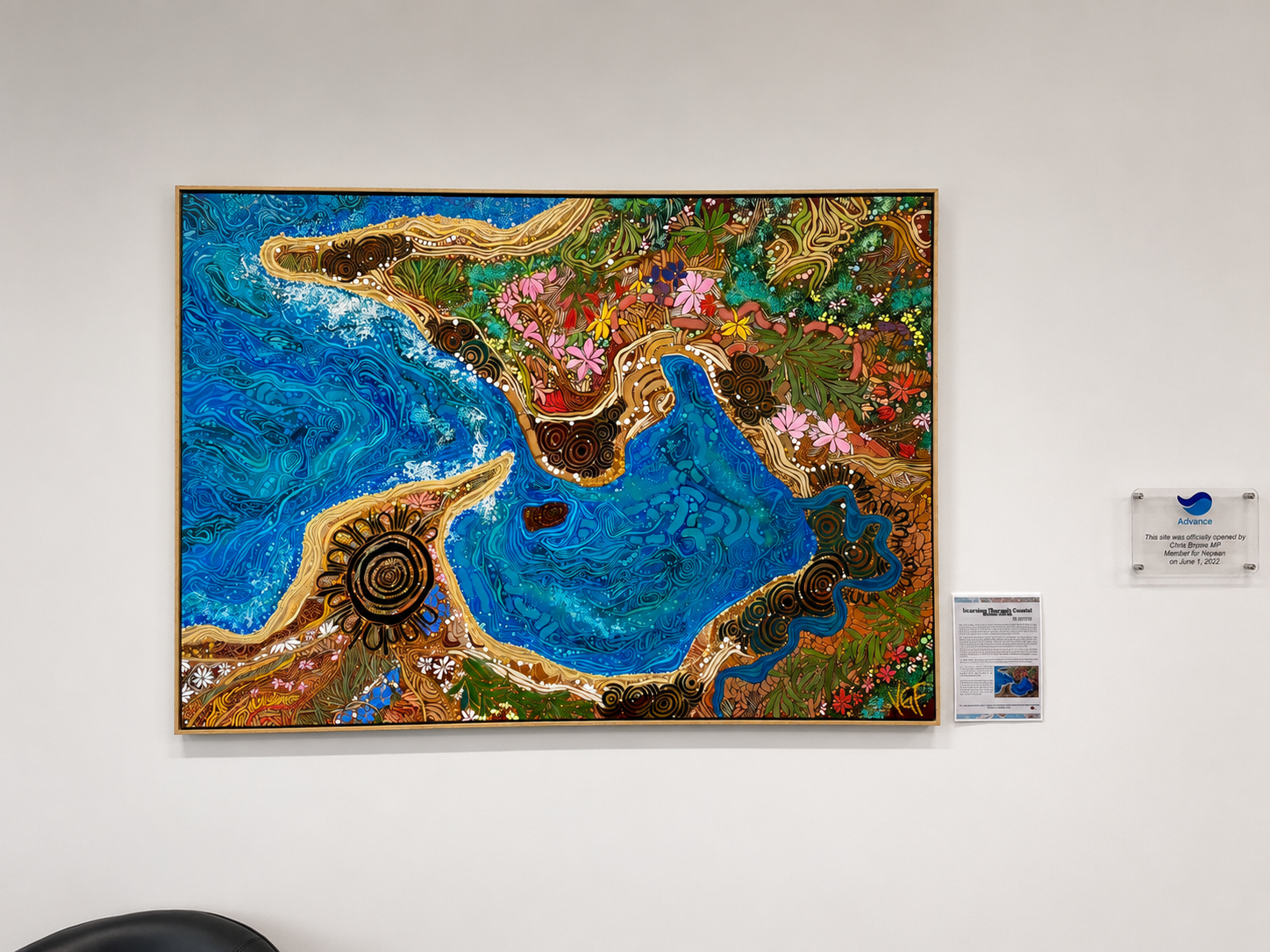 Colorful abstract painting of a landscape with a pond, surrounded by flowers and greenery, with stylized swirling patterns.