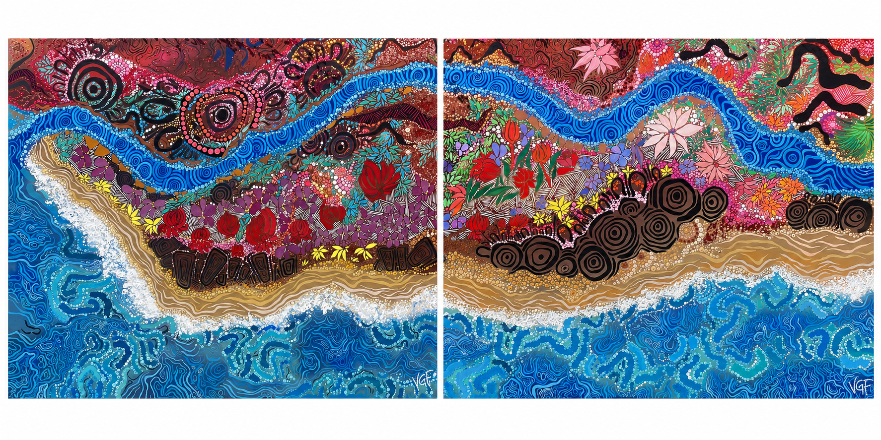 Commissioned Artwork - Russel Kennedy Lawyers - Abstract Indigenous / Aboriginal  painting of Wurundjeri / Naarm with colourful  native flowers, the yarra river flowing through hills, trees, and ocean waves, divided into two panels.