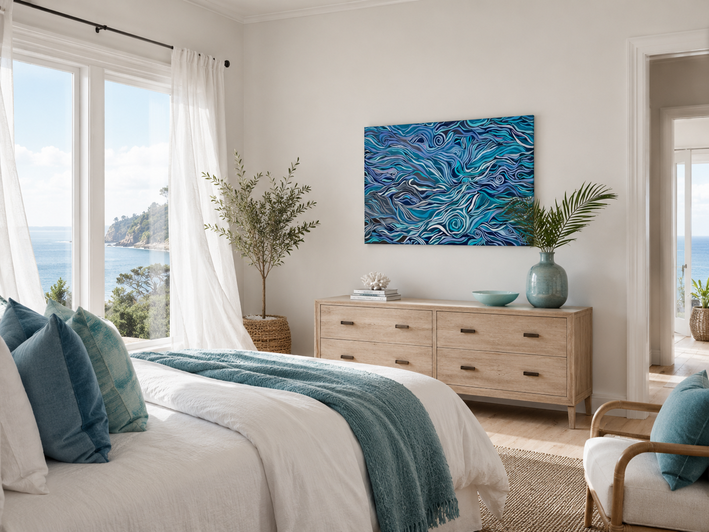 Original Acrylic on Canvas, Authentic Indigenous Art, Blue, Sea, Ocean