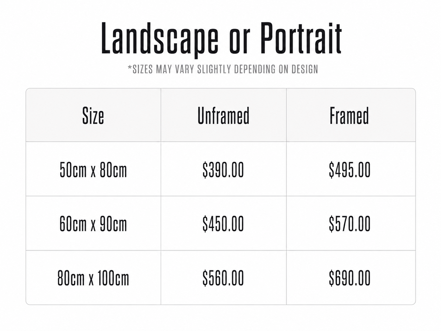 Pricing chart comparing unframed and framed art prints in various sizes, including 50cm x 80cm, 60cm x 90cm, and 80cm x 100cm. Prices range from $390 to $600.