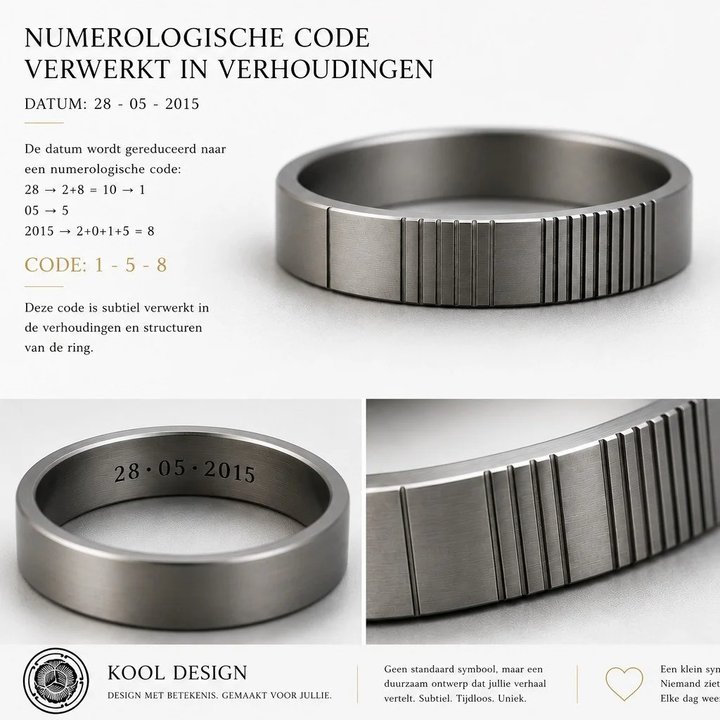 Numerologie verwerkt in sieraden ✨

Een nieuw Kool Design&reg; concept waarbij numerologie subtiel &iacute;n het sieraad wordt verwerkt.

Voorbeeld:
Datum: 28 - 05 - 2015

Numerologische reductie:
28 &rarr; 2 + 8 = 10 &rarr; 1
05 &rarr; 5
2015 &rarr;