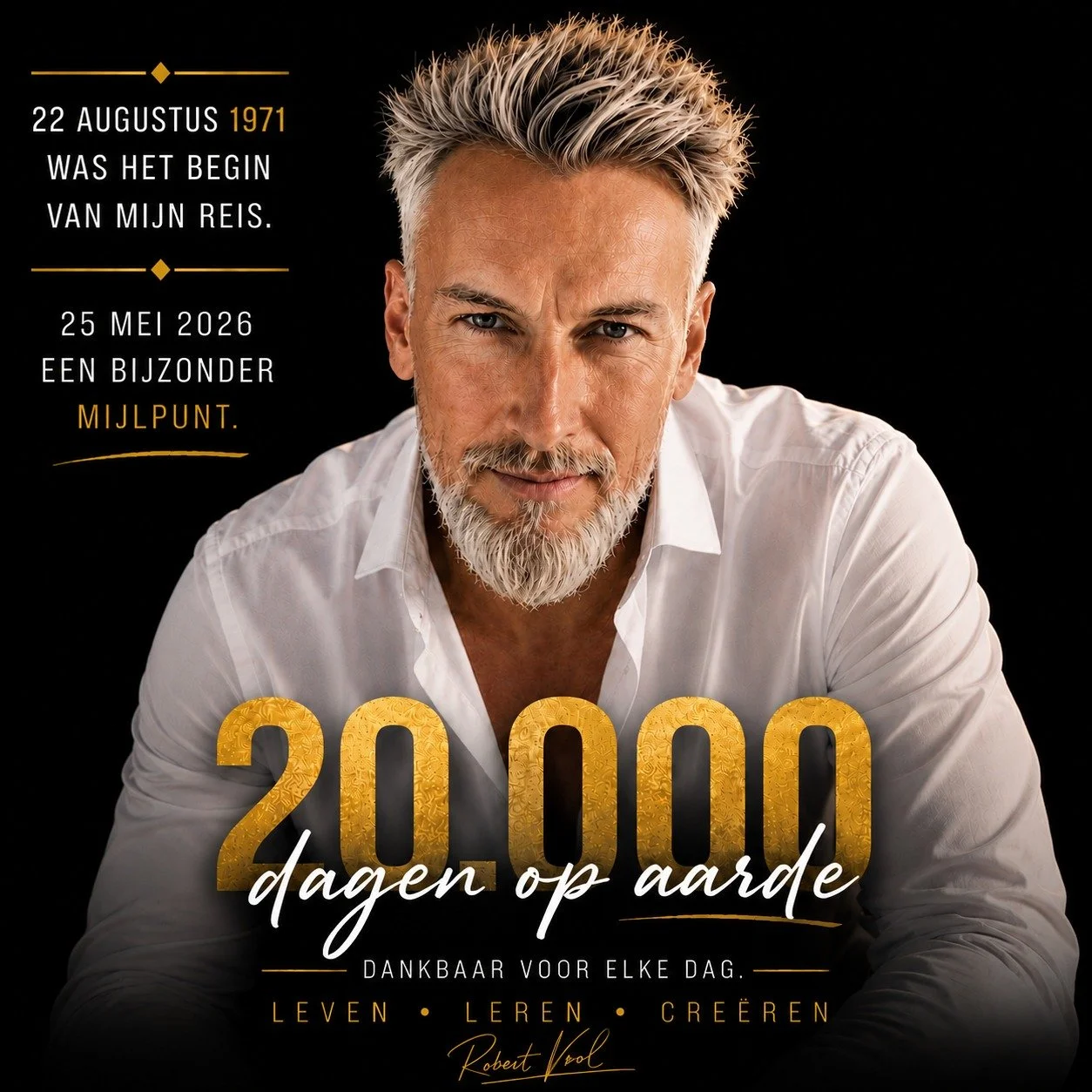 20.000 dagen op aarde.

Als kind besef je niet hoe snel tijd eigenlijk beweegt.
Je denkt dat het leven eindeloos is.

Tot je op een dag terugkijkt.

Naar alle versies van jezelf die hebben bestaan.

De dromer.
De zoeker.
De overlever.
De maker.
De pe
