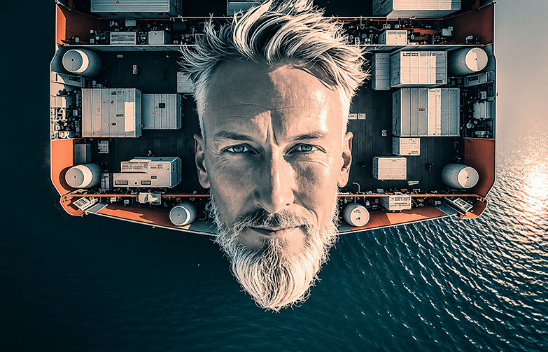 Robert Kool Een beeld van een groot schip met Een stijlvolle man met grijs haar en een baard, met het water onder het schip en de zonsondergang op de achtergrond.