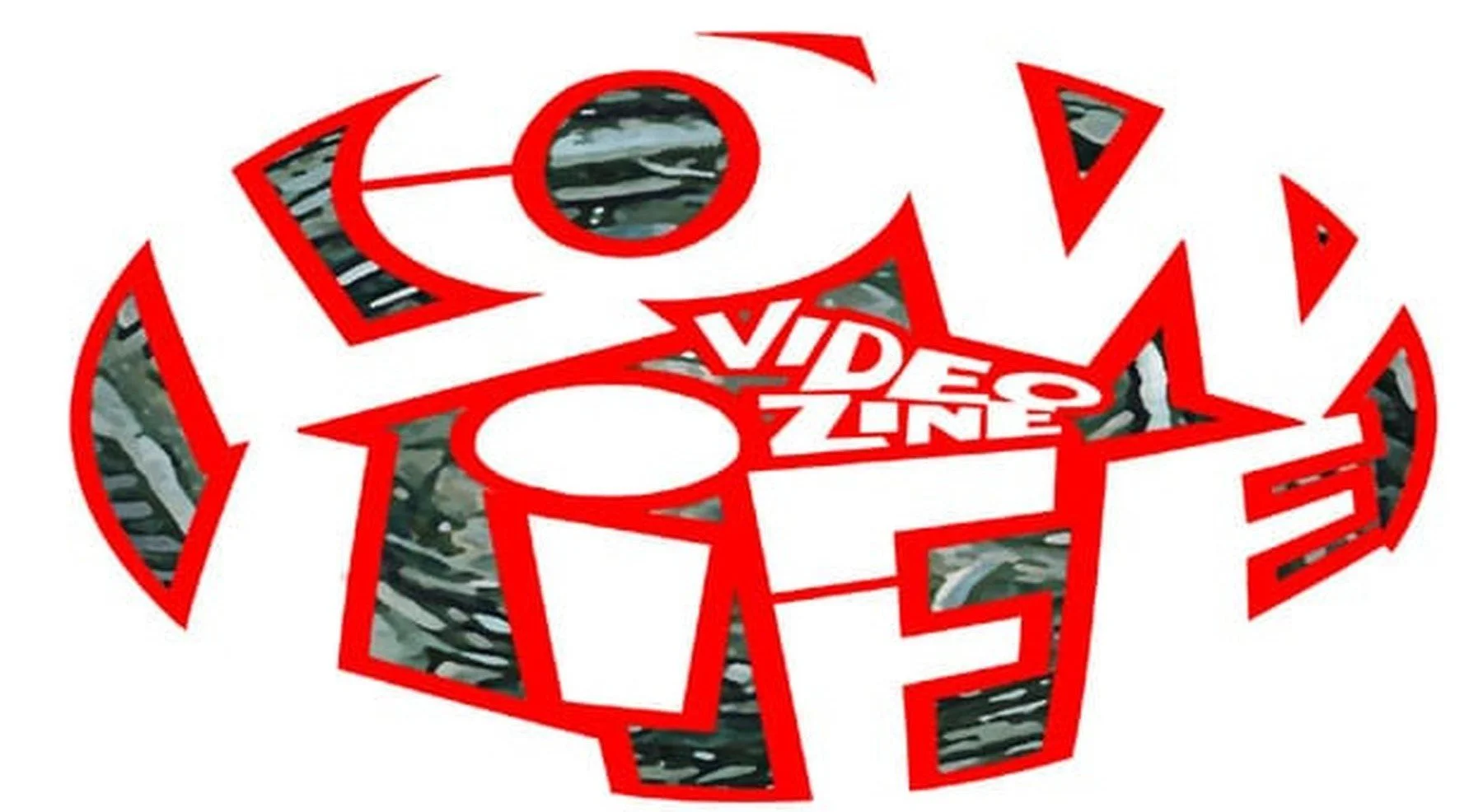 Kunstwerk met de tekst 'VIDE O ZONE' in rood, opgebouwd uit stukken met een camouflage patroon en een witte achtergrond.