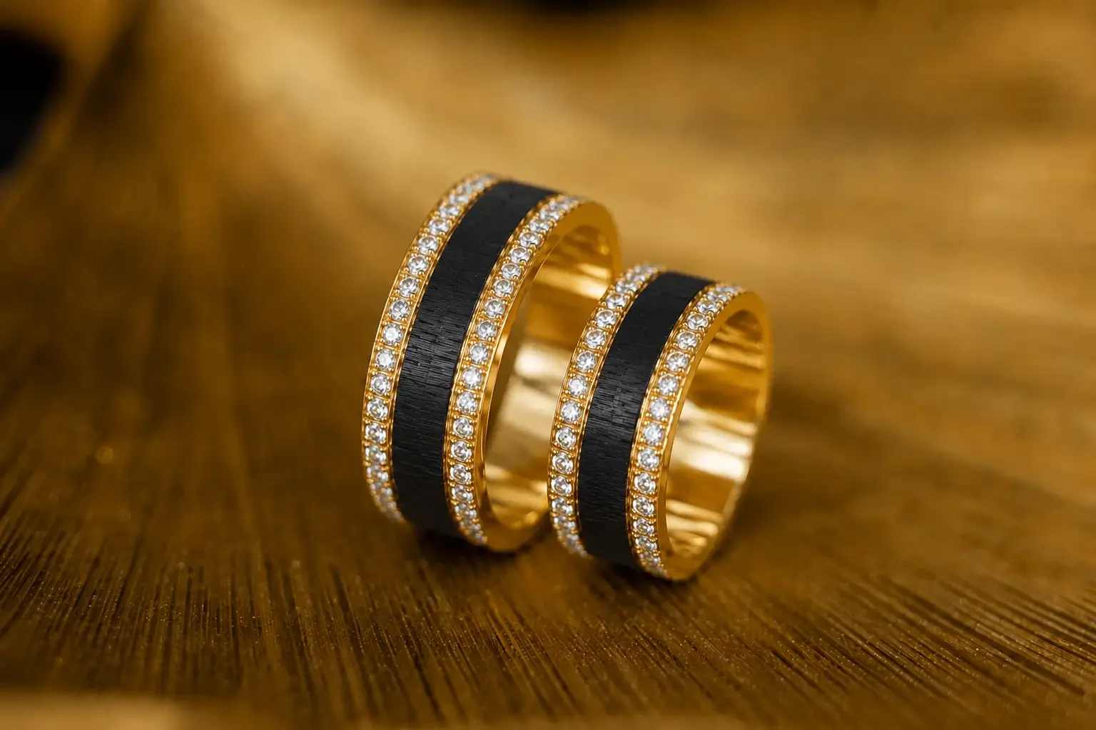 geelgouden trouwringe met carbon band of zirkonnium hamerslag band en labdiamanten 22.webp