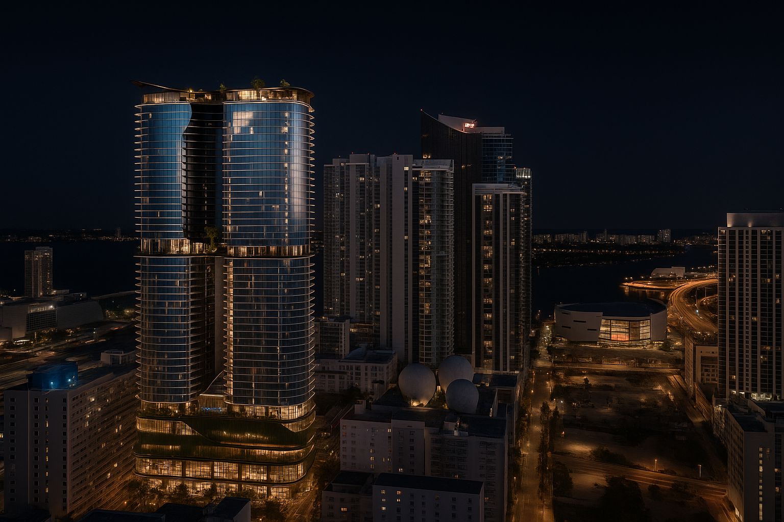 Nighttime cityscape featuring tall modern skyscrapers with reflective glass facades and illuminated windows, with a dark sky and distant city lights.