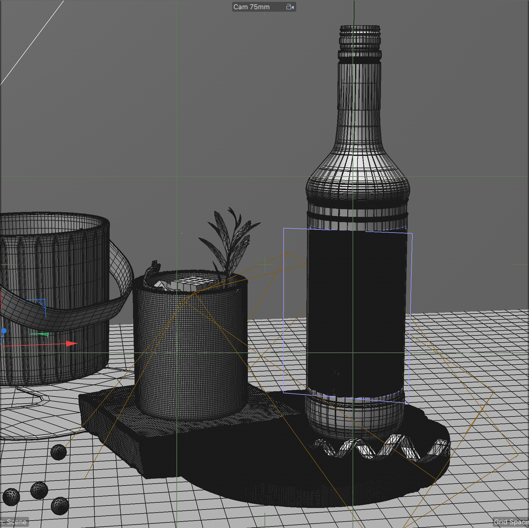 3D wireframe model of a still life scene including a bottle, a small plant in a pot, a tin can, a bowl, and some small spherical objects on a grid background.