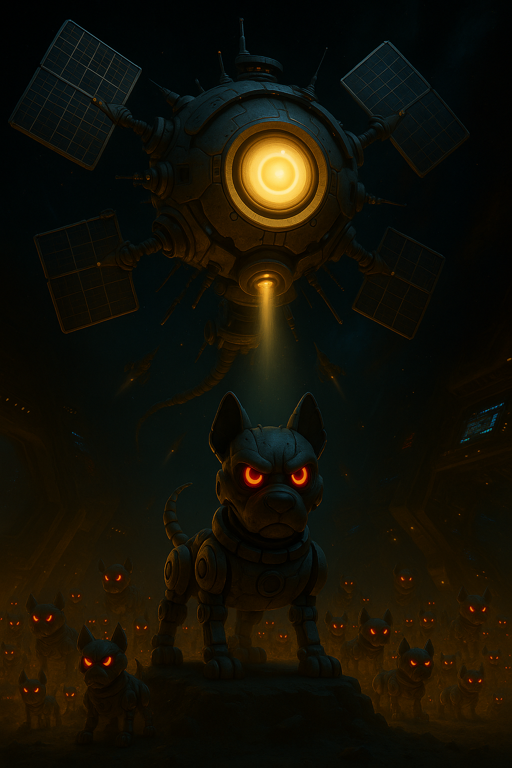 A large spaceship emitting light from its center, with a glowing core, is hovering above a group of robotic dogs with glowing red eyes in a dark, sci-fi setting.