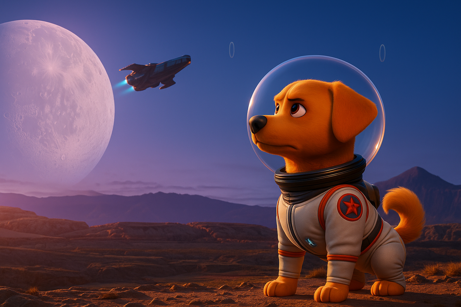 Animated dog in a space suit standing on an alien landscape with a large moon, mountains, and a spaceship flying in the background.