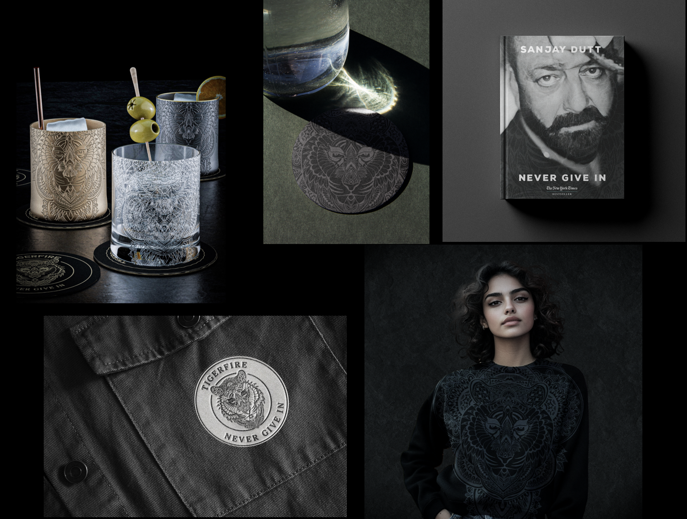 Various tiger-themed promotional images, including glasses with tiger designs, a book cover titled 'Never Give In' by Sanjay Dutt, a gray shirt with a tiger patch, and a woman wearing a tiger design on her black outfit.