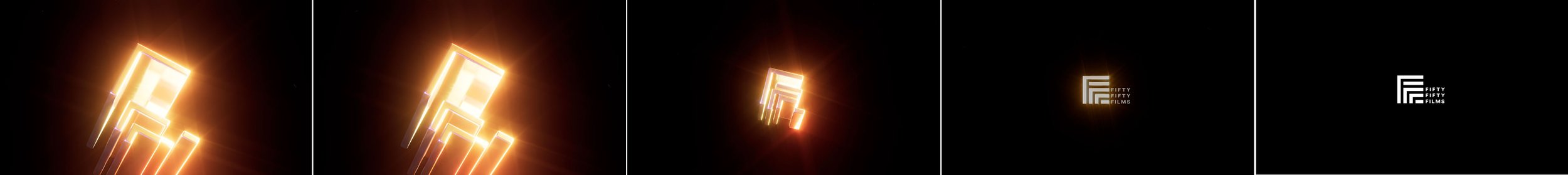 Sequence of five images showing a glowing logo of 'Fifty Fifty Films' with bright lines forming the text, ending with the logo in black and white.