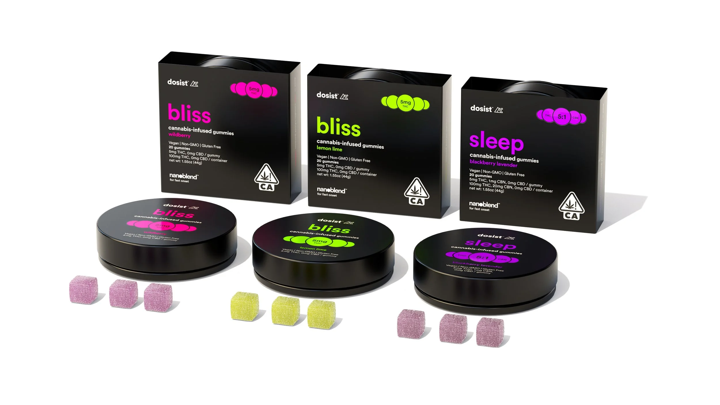 Three boxes of cannabis-infused gummies labeled 'bliss' in different flavors: wildberry, lemon lime, and blackberry lavender, with corresponding Gummies placed in front of each box.