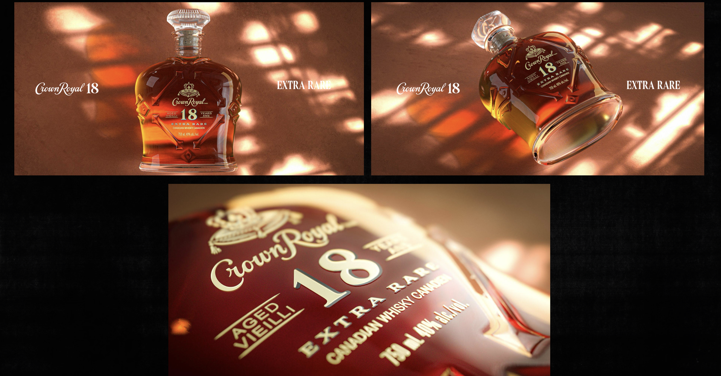 Three images of Crown Royal 18-year-old extra rare Canadian whisky bottles, with the top two showing different angles of the bottle illuminated with a warm light, and the bottom close-up of the bottle's label.