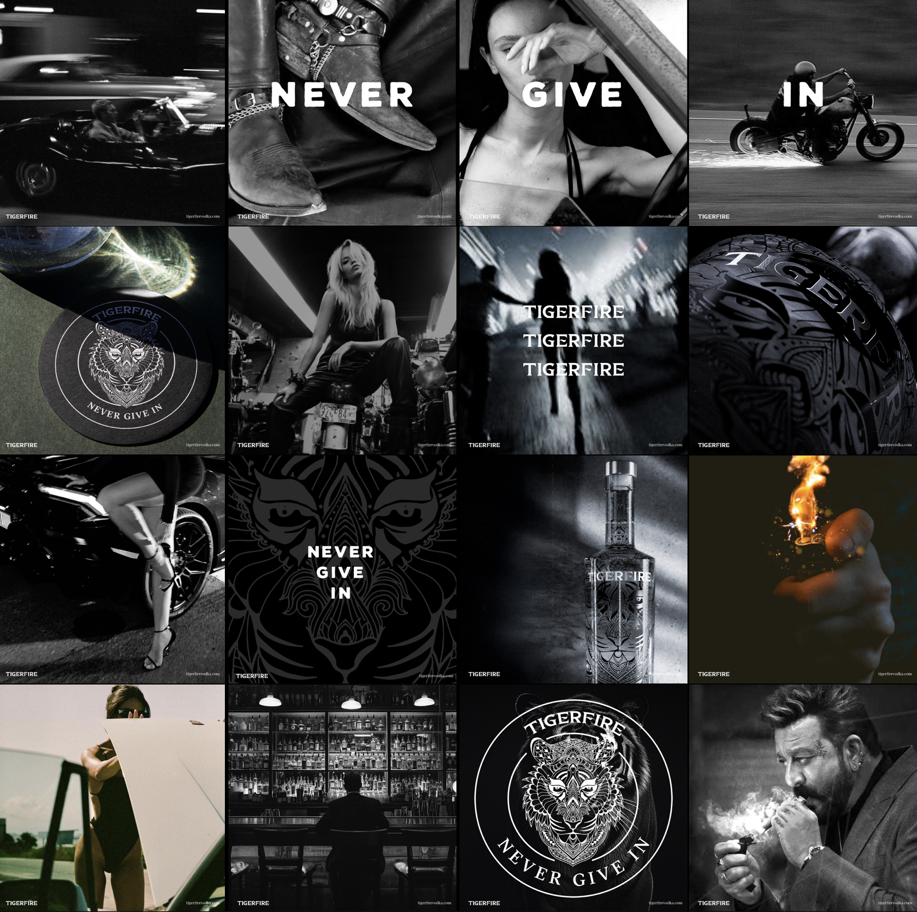 A collage of black and white photos featuring cars, motorcycles, a woman on a motorcycle, a person riding a motorcycle, a person sitting at a bar, a woman with a bike, a person walking in an urban environment, various tiger-themed logos and designs, a bottle of liquor, a hand holding a lighter with flames, and a man smoking a cigar.