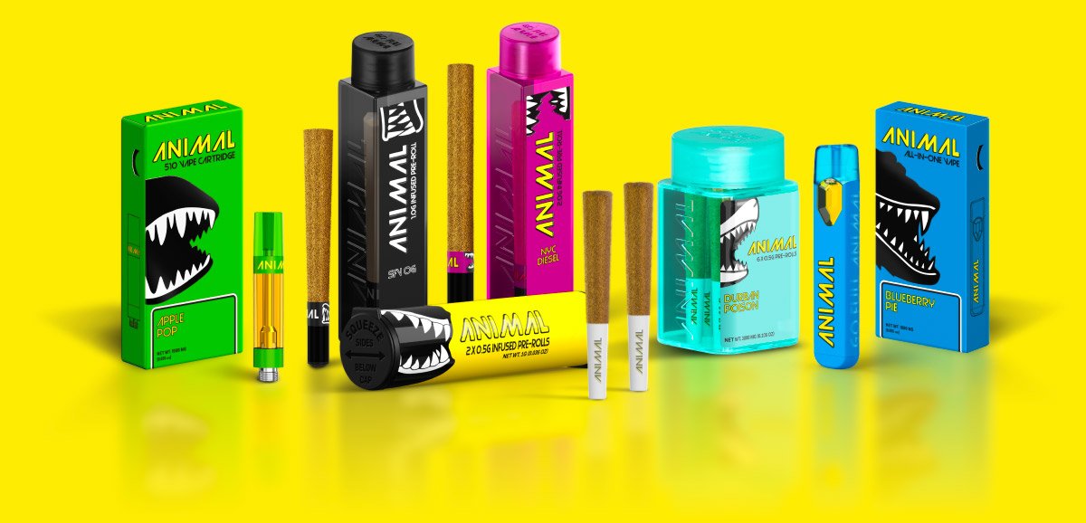 A variety of disposable vape pens and pods with colorful packaging on a bright yellow background.