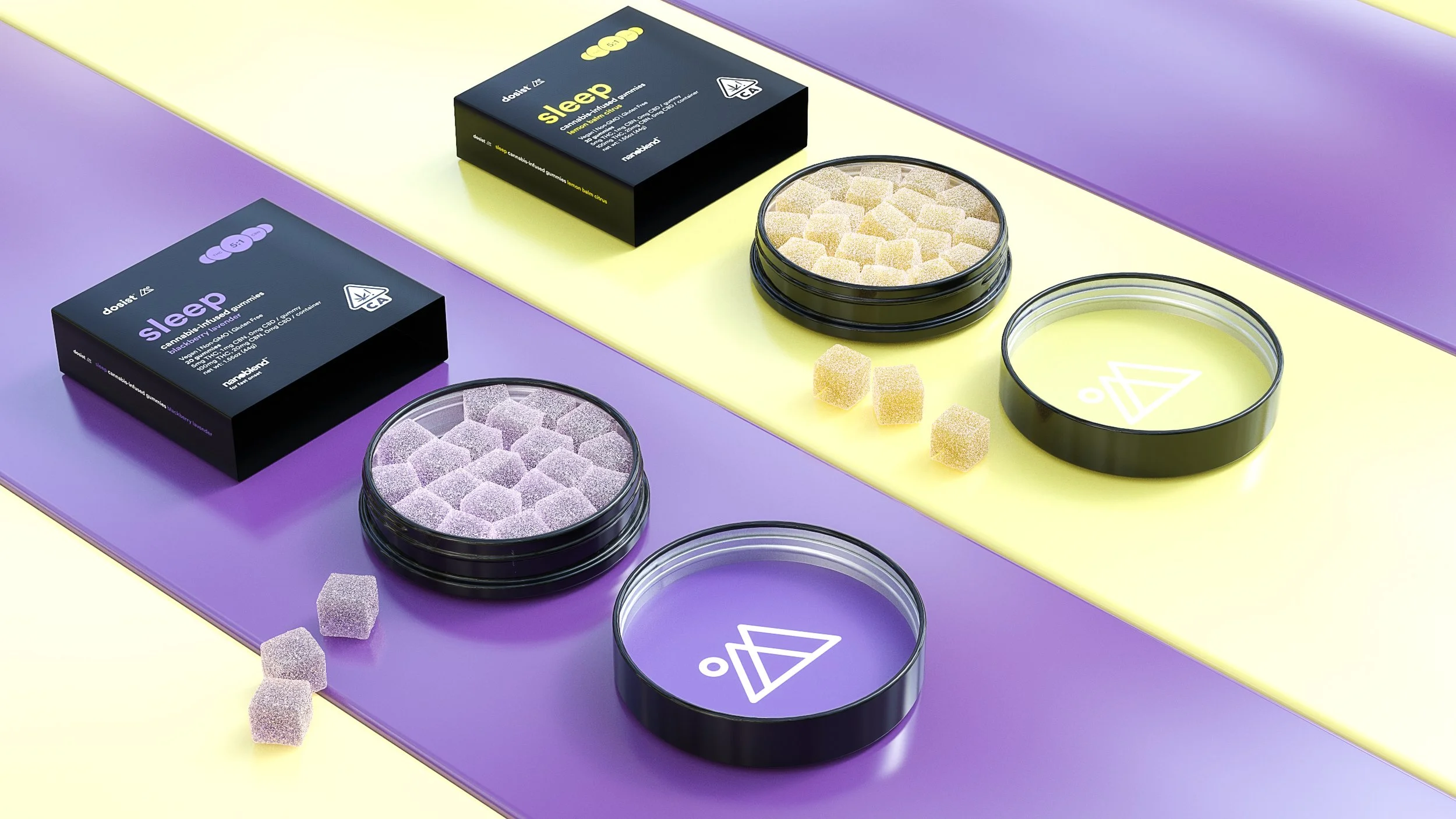 Two containers of sugar candies, one with purple gummies and another with yellow gummies, placed on alternating purple and yellow surfaces with two black and clear containers with white symbols, and black boxes labeled "sleep" with purple and yellow accents.