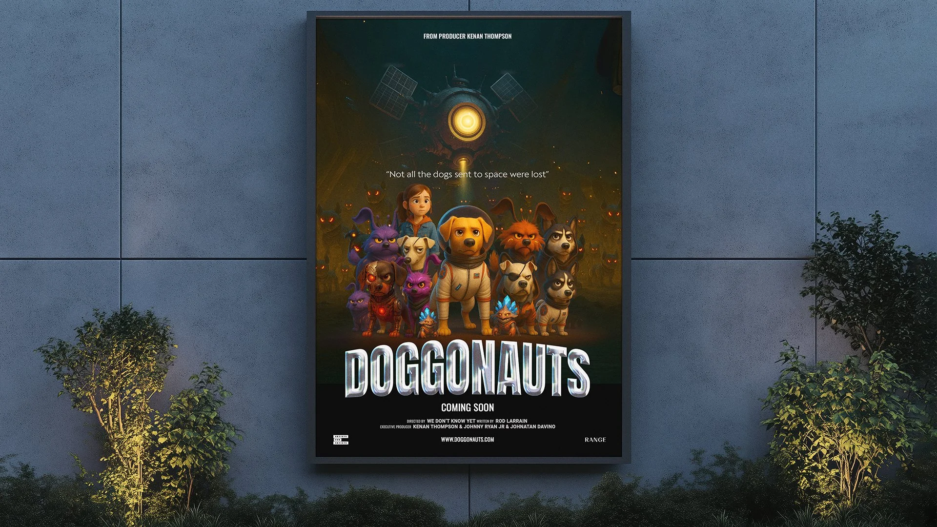 Poster for the animated movie 'Doggonauts' features a group of dogs in space suits with a girl among them, set against a space background with a spaceship and dark figures with glowing eyes. The title 'Doggonauts' is at the bottom with 'Coming Soon' 