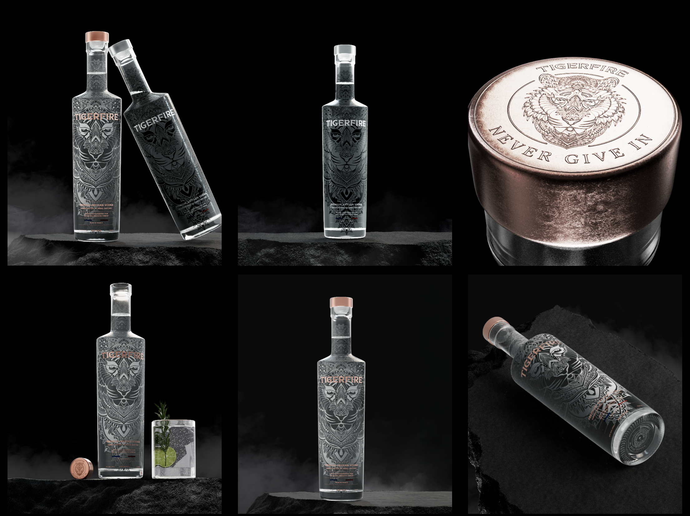 Multiple images of Tigerfire vodka bottles with intricate tiger face designs, a copper-colored container engraved with Tigerfire and a tiger illustration, and a glass with lime and mint garnishes on a dark textured surface.